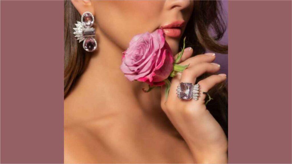 Earrings and a ring from the Lilac Flame collection. © Taiia Jewelry