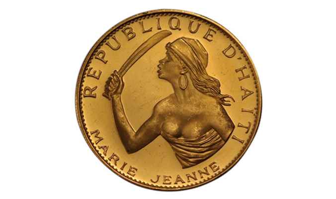 14k gold medallion featuring Marie Jeanne