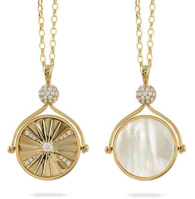 18k yellow gold reversible medallion with 0.38 ct. t.w. diamonds and white mother-of-pearl, $2,230; Doves by Doron Paloma