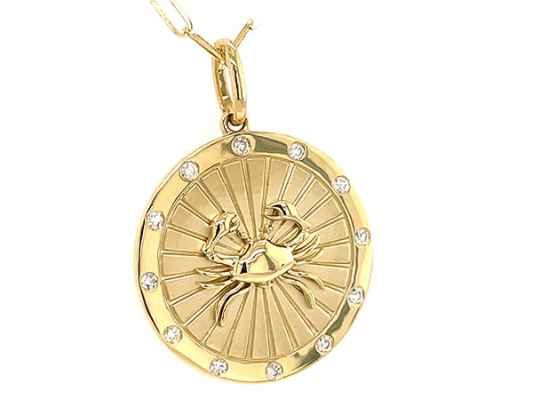 Cancer medallion pendant in 14k gold with 0.08 ct. t.w. diamonds on a paper-clip chain, $2,250; Dilamani