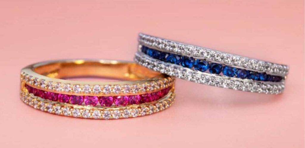 Lotus Jewels - Bonding with Diamonds - right - slim and striking white and gold bands lined with vibrant rubies, sapphires and brilliant diamonds'