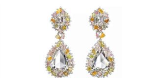 Red Carpet earrings set with over 30 carats of rose cuts with a surround of natural fancy-coloured diamonds