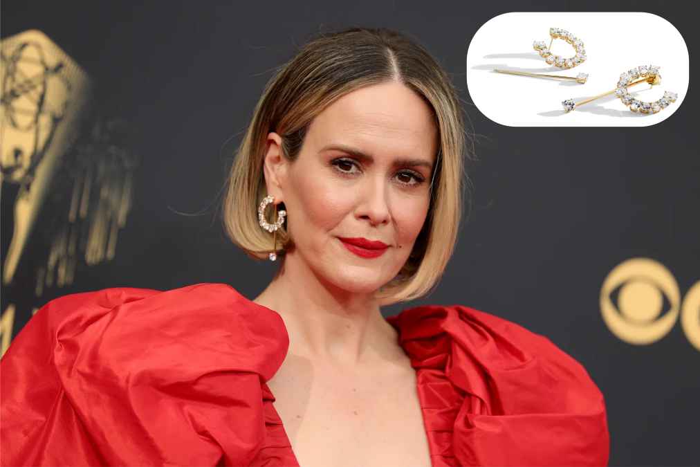 Sarah Paulson wearing diamond hoops by Matthew Harris at the 2021 Emmy Awards