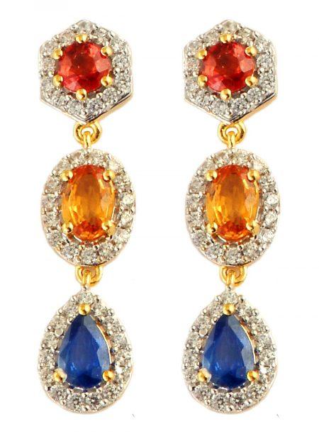 Vinayak Jewels India - Chromatic Splash - The triple-drop linear earrings set with hexagon, oval and pear-shaped diamond
