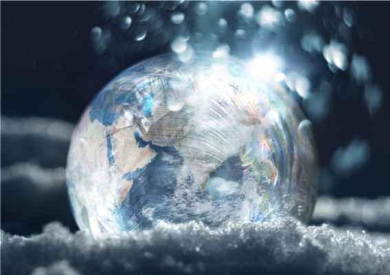 Globe, in cloud and water droplets