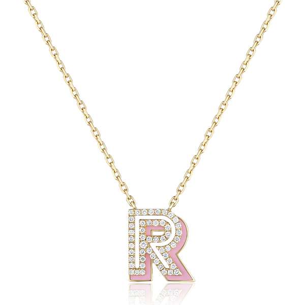 Ailes R Silhouette pendant in 18k yellow gold with Barbie Pink enamel and diamonds, AED 4,100 ($1,120); Ailes